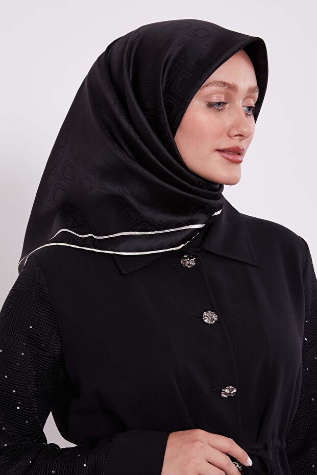 Black Argyle Pattern Monogram Silk Scarf - 1