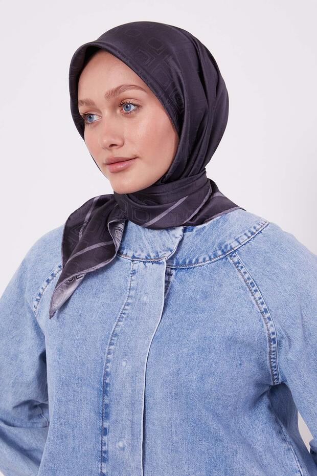 Anthracite Baklava Pattern Monogram Silk Scarf - 2