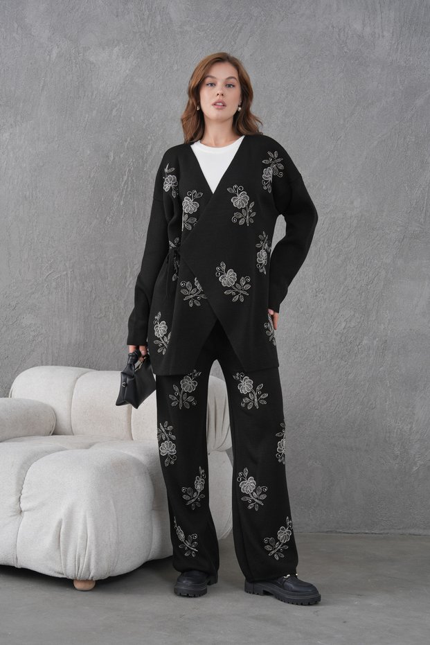 Women's Beaded and Embroidered Side-Tie Wide-Fit Knit Cardigan and Pants Set