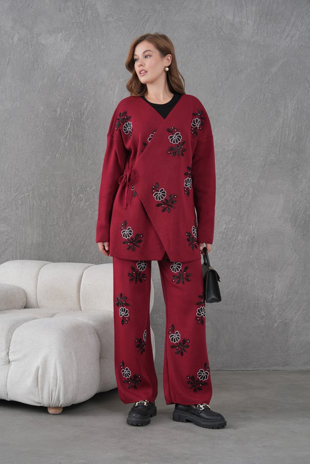 Women's Beaded and Embroidered Side-Tie Wide-Fit Knit Cardigan and Pants Set