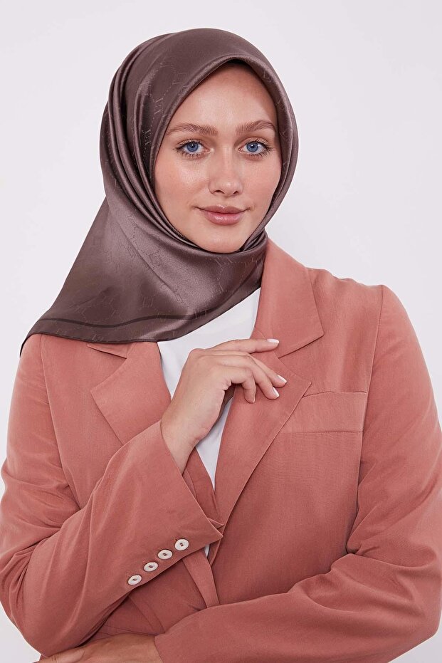 Coffee Honeycomb Pattern Monogram Silk Scarf - 3