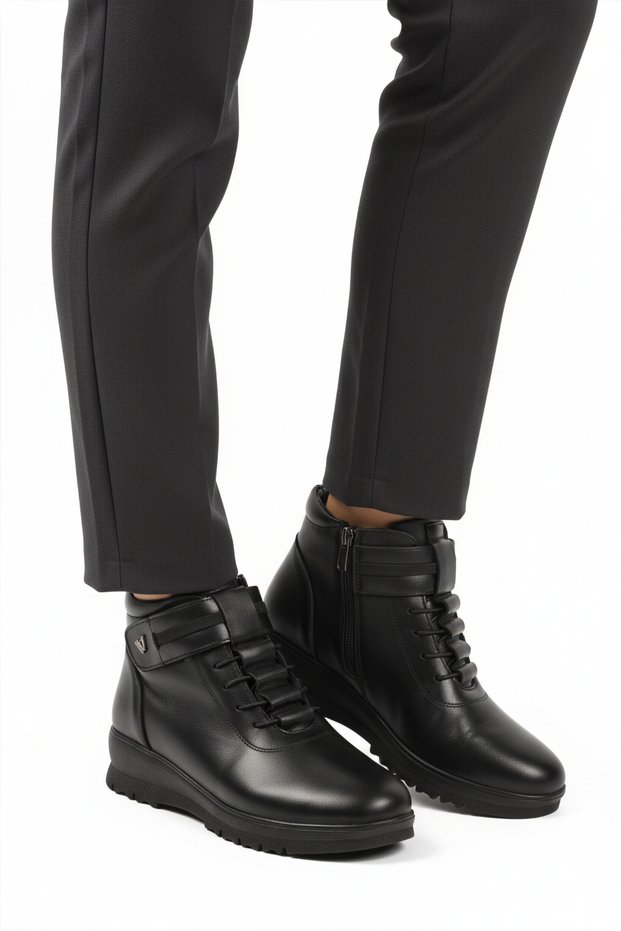 Black Genuine Leather Anatomical Fleece Non-Slip Women's Boots Z438 Z