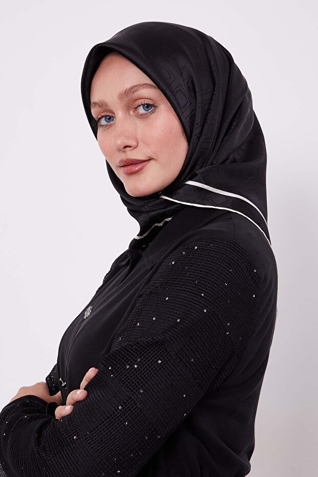 Black Argyle Pattern Monogram Silk Scarf - 2