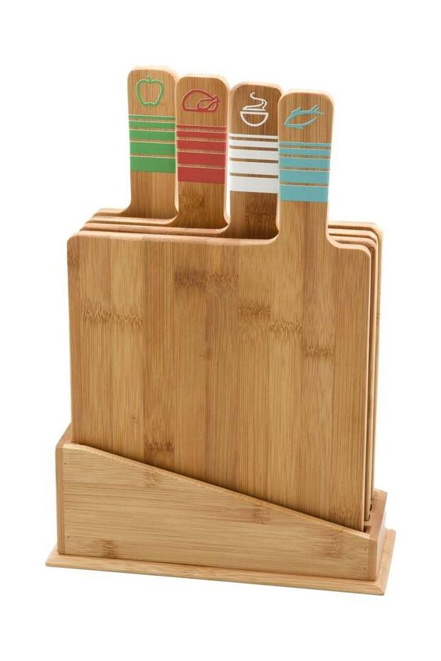 Bamboo Rectangular Cutting Board Set, Color-Coded, 4 Pieces with Holder - 1