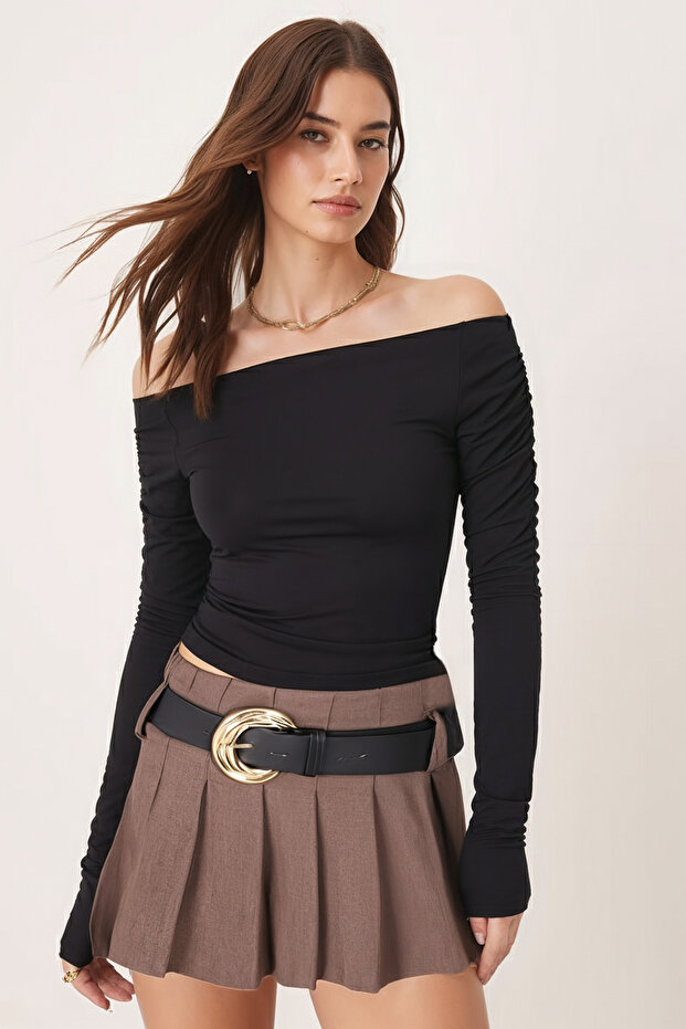 Women's Black Gathered Sleeve Crop Blouse Arm-26K042015