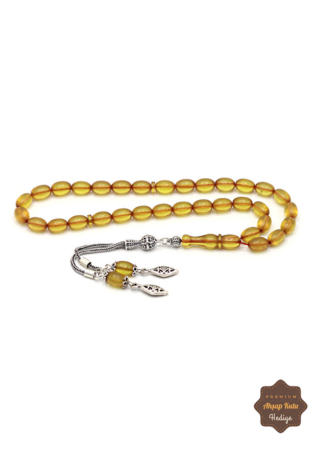 Yellow Barley Cut Crimped Amber Prayer Beads 201024702