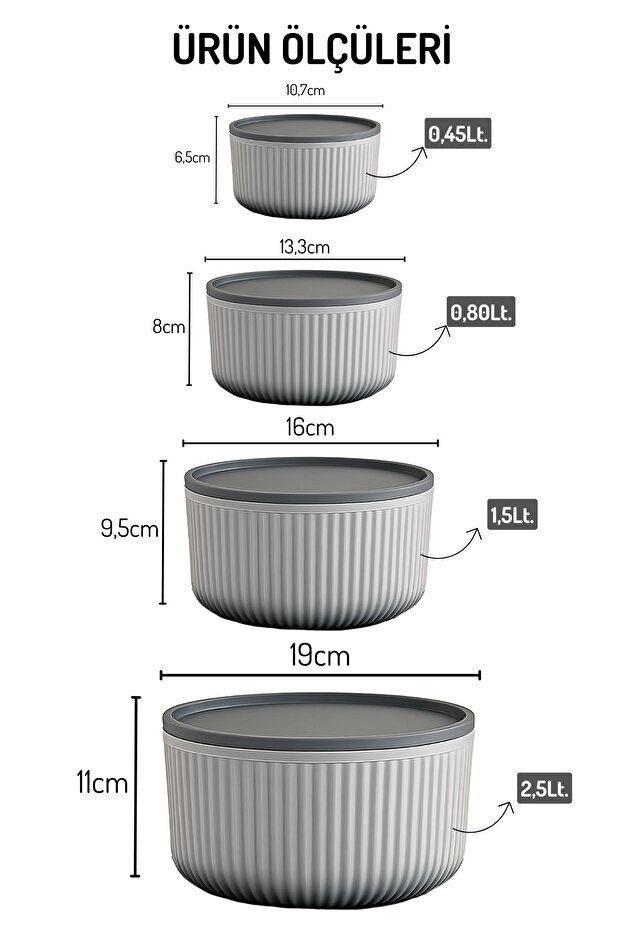 Set of 4 Striped, Round Storage Container Set / 2.5Lt.- 1.5Lt.- 0.80Lt.- 0.45Lt. - 7