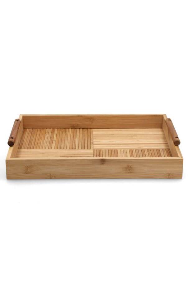 Durable Rectangular Bamboo Serving Tray with Handle in Brown - 1