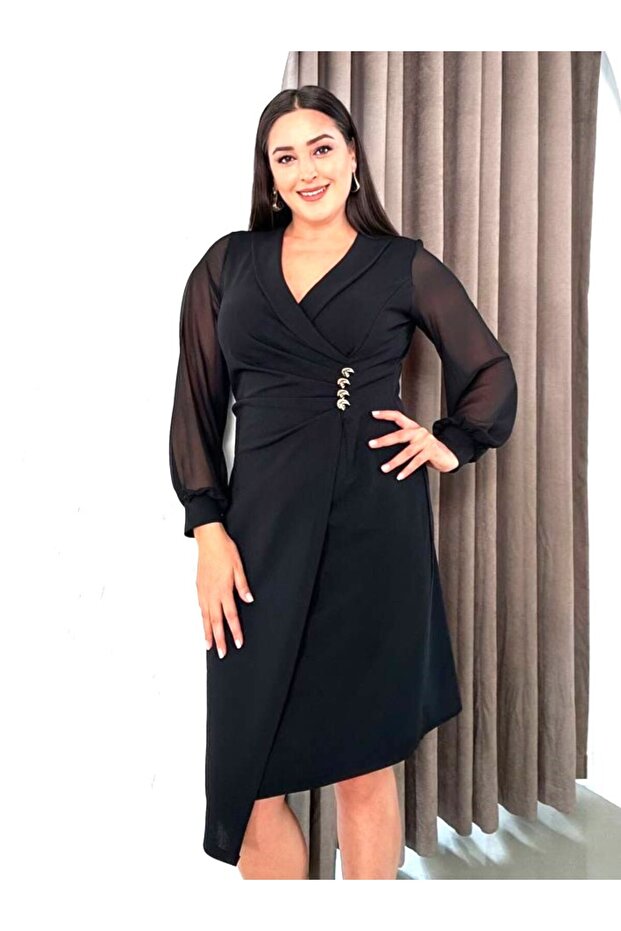 Women's Black Plus Size Jacket Collar Button Detailed Stretchy Evening Dress