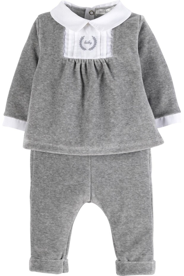 Baby Girl Gray Embroidered Velvet 2-Piece Set