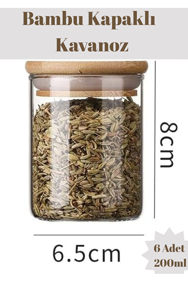 Bambu Kapaklı Vakumlu Borosilikat Cam Kavanoz 6 Adet 8 cm X 6,5 Cm 200 ml - 6