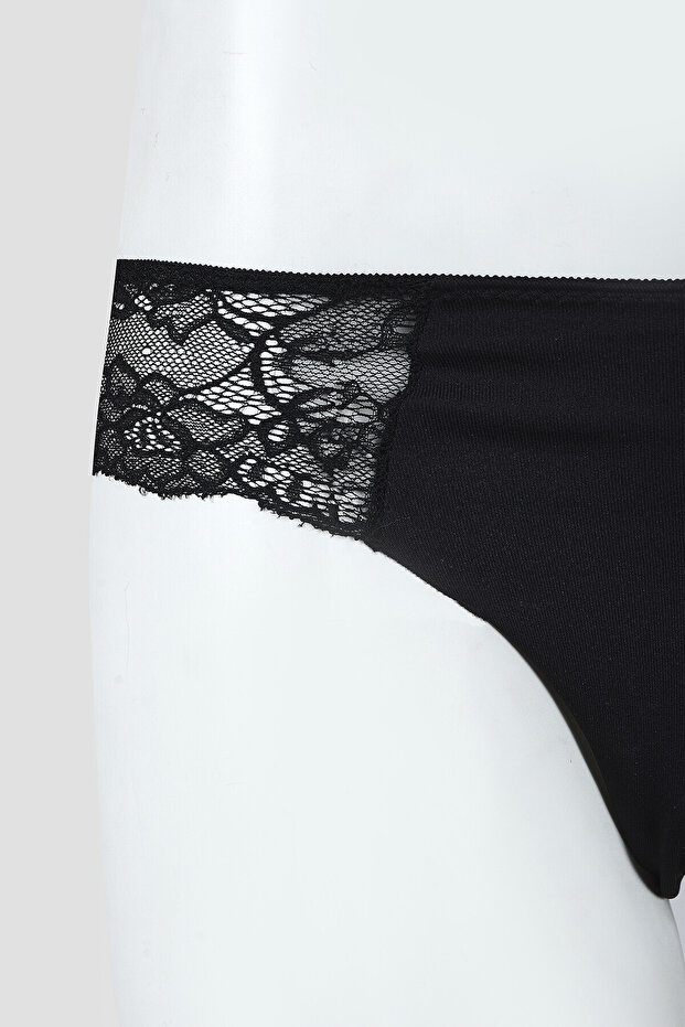 Siyah Lazer Kesim Dantelli String - 5