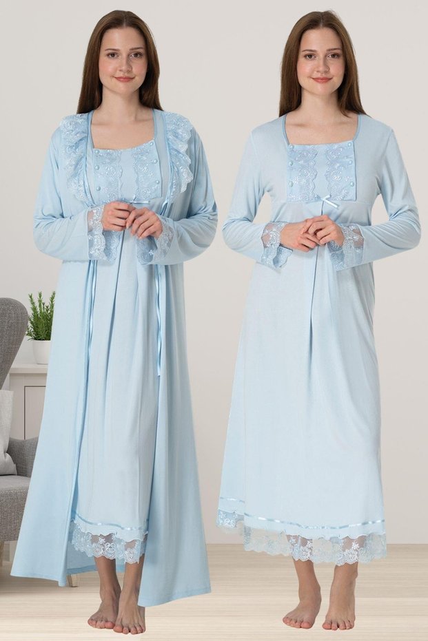 Women's Blue Lace Detailed Long Sleeve Design Cotton Maternity Pajamas Nightgown Set of 2