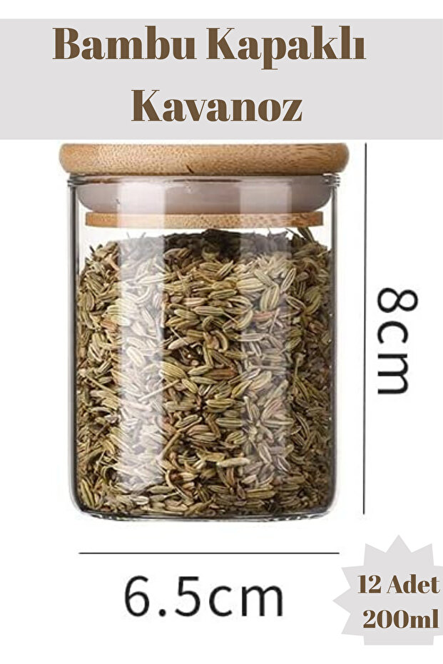 Bambu Kapaklı Vakumlu Borosilikat Cam Kavanoz 12 Adet 8 cm X 6,5 Cm 200 ml - 6
