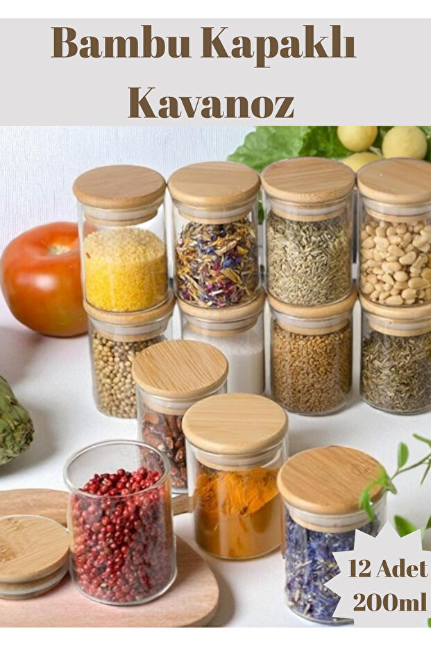 Bambu Kapaklı Vakumlu Borosilikat Cam Kavanoz 12 Adet 8 cm X 6,5 Cm 200 ml - 1