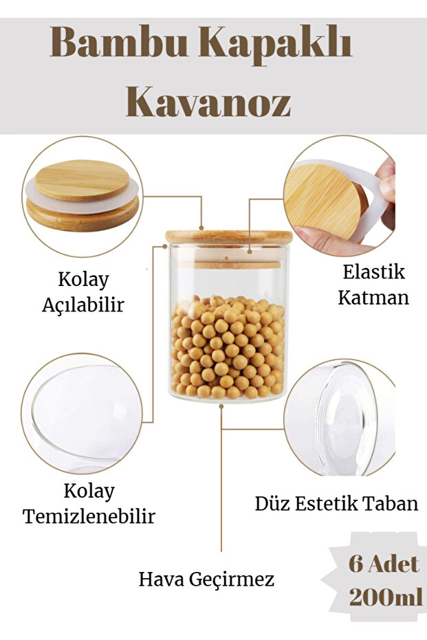 Bambu Kapaklı Vakumlu Borosilikat Cam Kavanoz 6 Adet 8 cm X 6,5 Cm 200 ml - 5