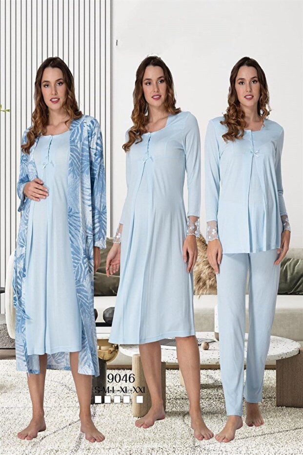 Women's Blue Patterned Long Sleeve Cotton Maternity Pajamas Set Nightgown 4-Piece Set