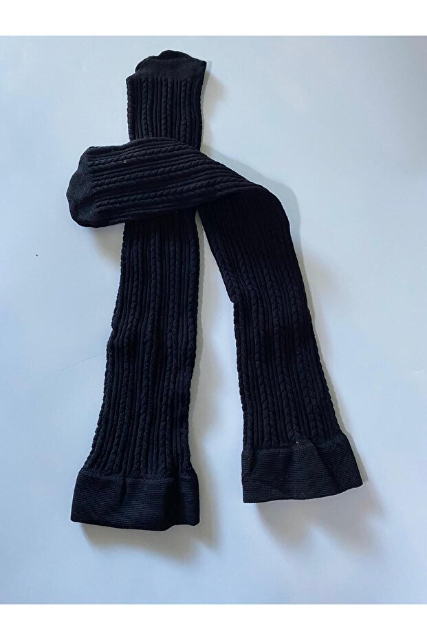 Knit Embossed Knitwear 200 Denim Patterned Thick Winter Black Knee-Length Trouser Socks