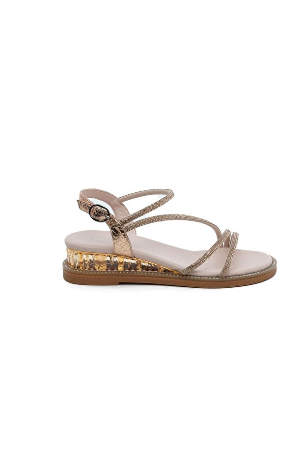 59266 Gold Stone Genuine Leather Women's Chic Sandals