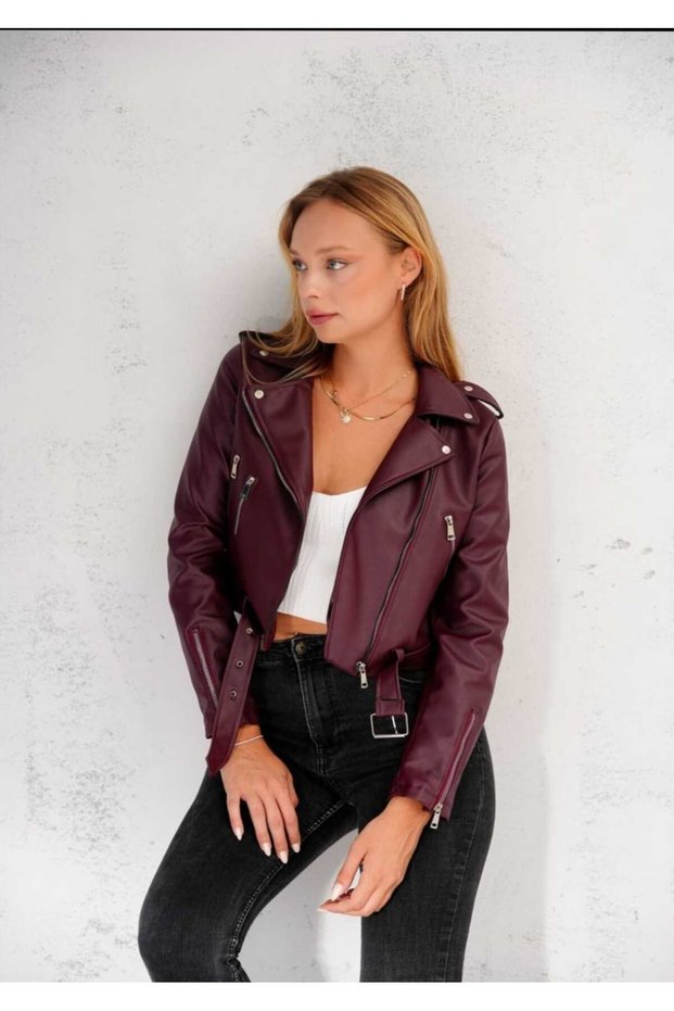 Trend Leather Sleeve Zipper Detailed Claret Red Slim Fit Jacket Women