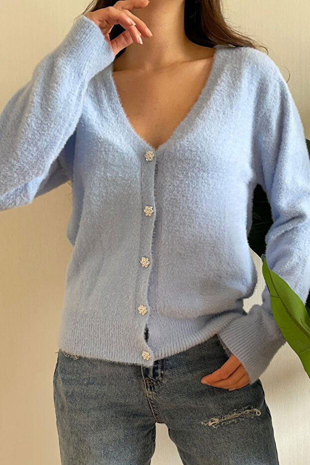 Women's V-Neck Buttoned Soft Textured Long Sleeve Knitwear Cardigan