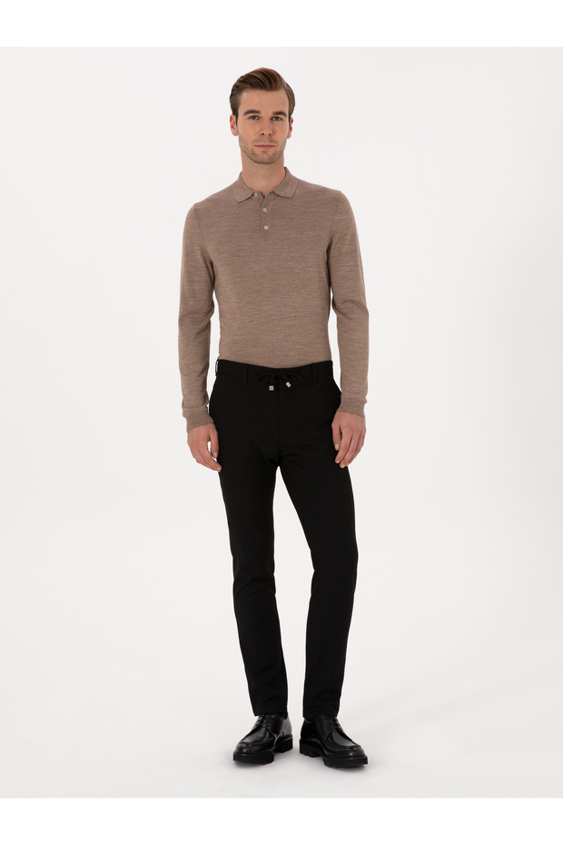 Black Slim Fit Waist Lace-Up Canvas Trousers 50308731-Vr046
