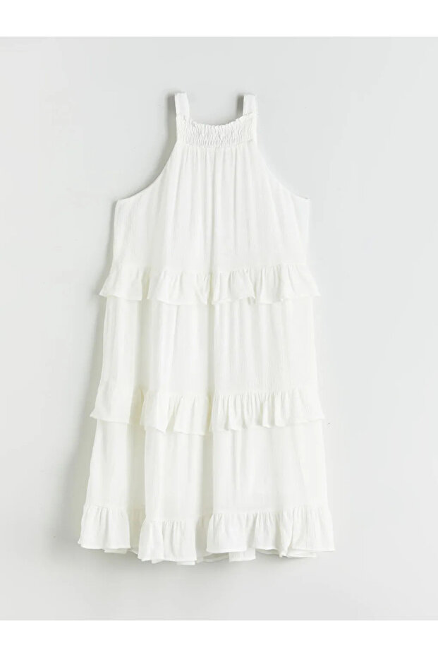 LCW Kids Ekru Halter Yaka Müslin Kız Çocuk Elbise - 1