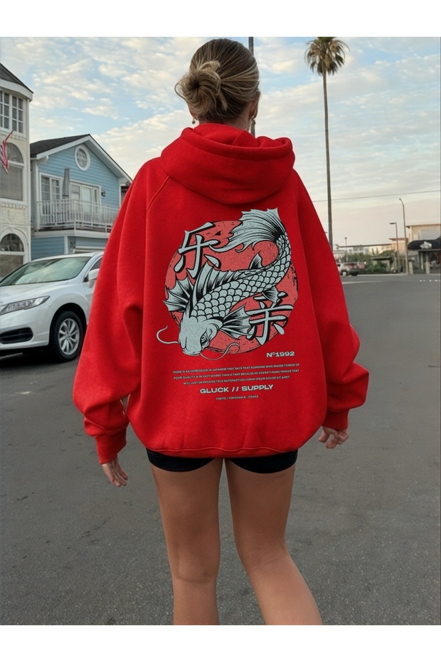 Unisex Koi Fish Colorful Custom Printed Cotton Oversize Hooded Sweatshirt