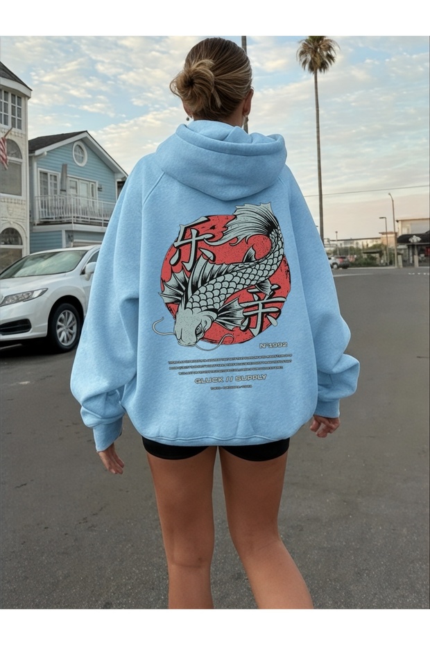 Unisex Koi Fish Colorful Custom Printed Cotton Oversize Hooded Sweatshirt