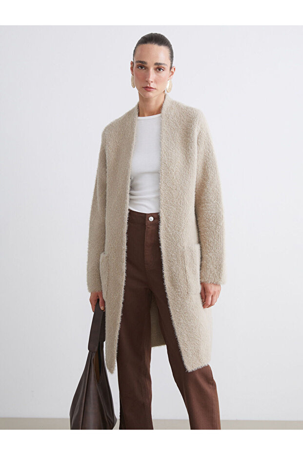 Beige Shawl Collar Patterned Women's Knitwear Cardigan