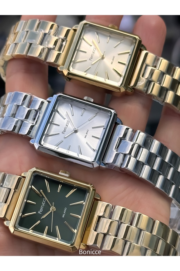 Women's Watch Square Case, Green Yellow Steel Band, Original Box, Bracelet Gift