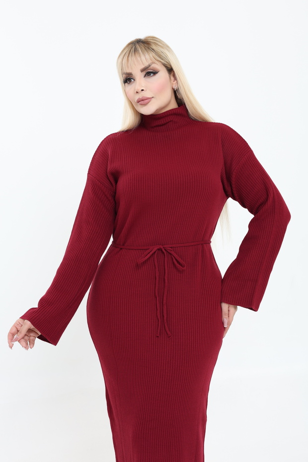 Dik Yaka Geniş Kol Triko Örme Elbise - 8