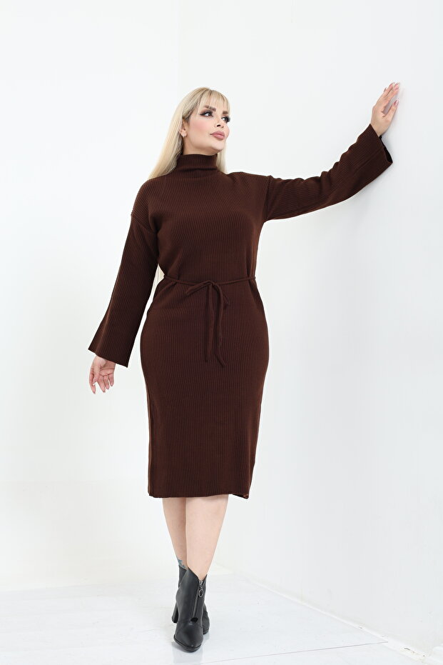 Dik Yaka Geniş Kol Triko Örme Elbise - 7