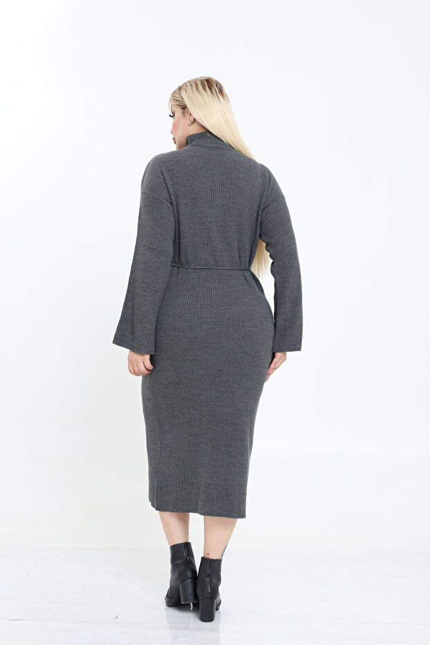 Dik Yaka Geniş Kol Triko Örme Elbise - 5