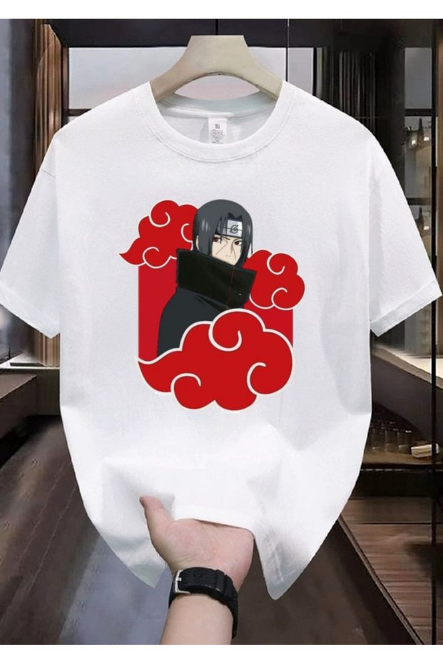 Uchiha Itachi Naruto Anime Character Design Printed T-Shirt Inisex White Short Sleeve