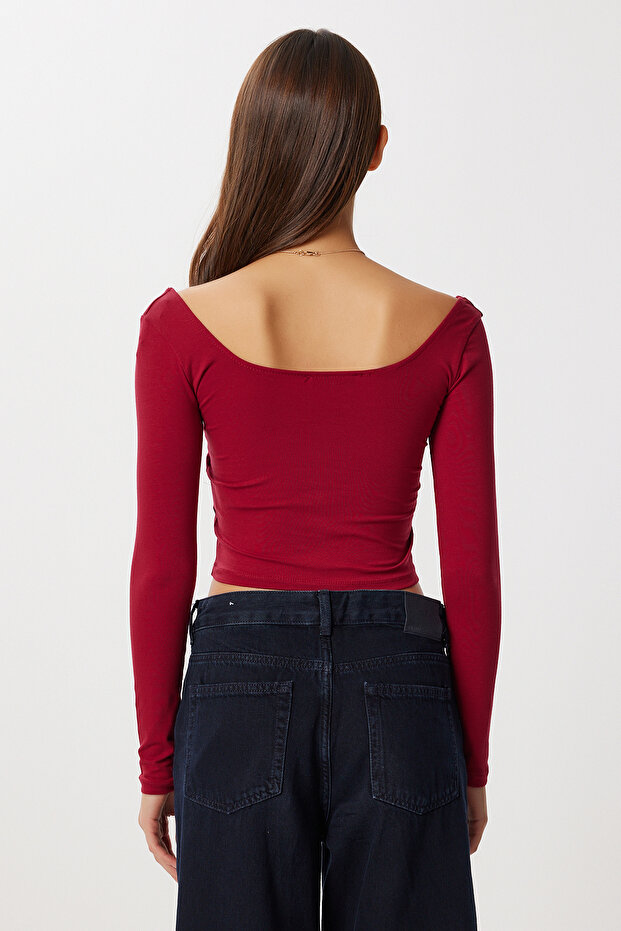 Basic Crop Örme Bluz LUB0255 BORDO - 4