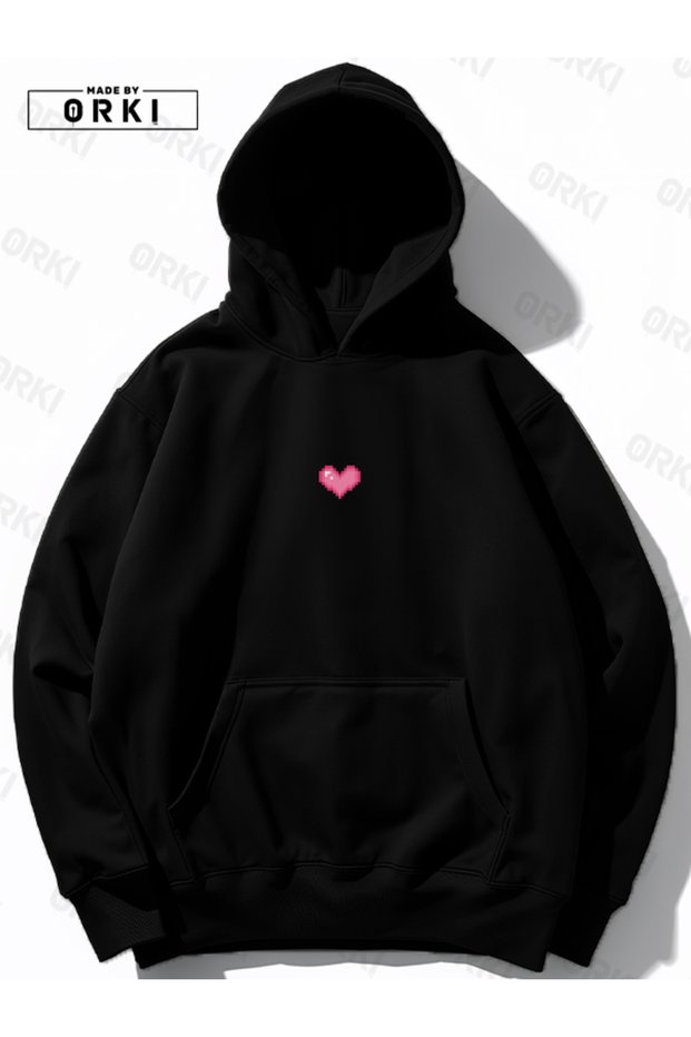 Small Pixel Cute Heart Printed Women's Black Oversize Hooded Sweatshirt Hoodie