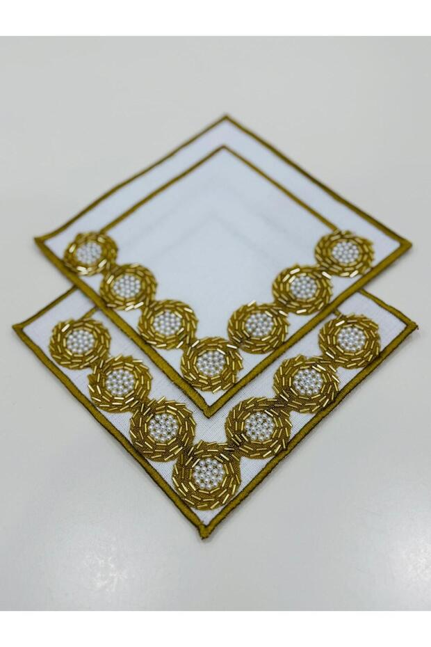 2 Pieces of Crystal Bead Embroidered Coffee Side Cocktail Napkins & Coasters.