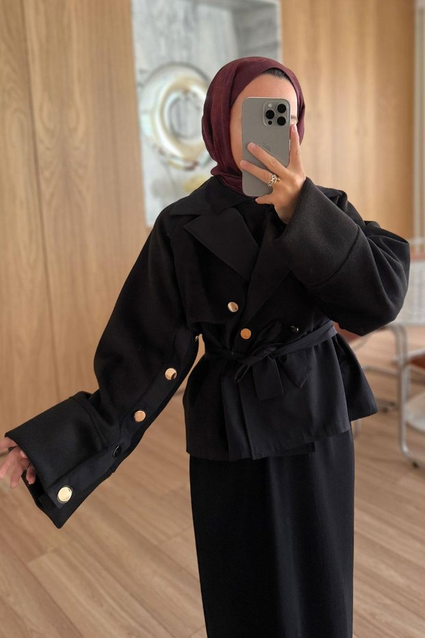 Gold Button Sleeves Cashmere Trench Coat - Black