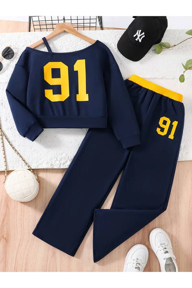 Girl's 91 Printed Navy Blue-Yellow Boat Neck Sweatshirt Tracksuit Bottom Top Set