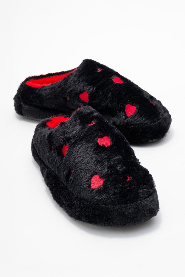Women's Open Back Heart-Shaped Furry House Slippers; Black