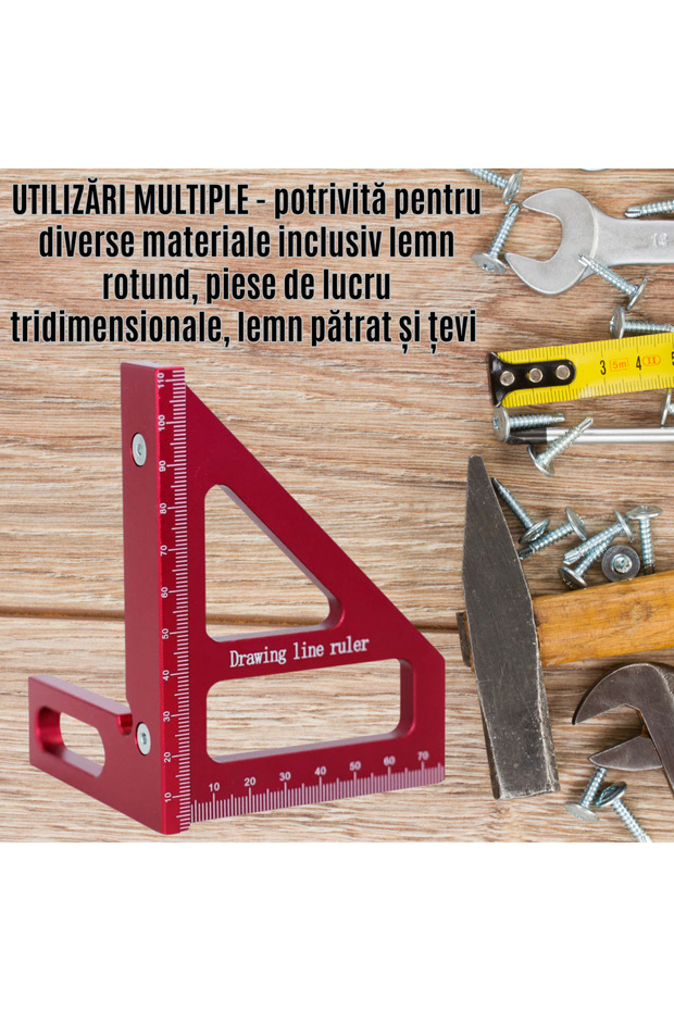 Vinclu, Square, Triangular metal ruler, 3D measuring tool 45/90, carpenter - 4
