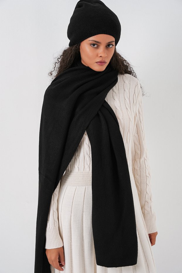 Women's Knitwear Scarf Beanie 15939 - Black