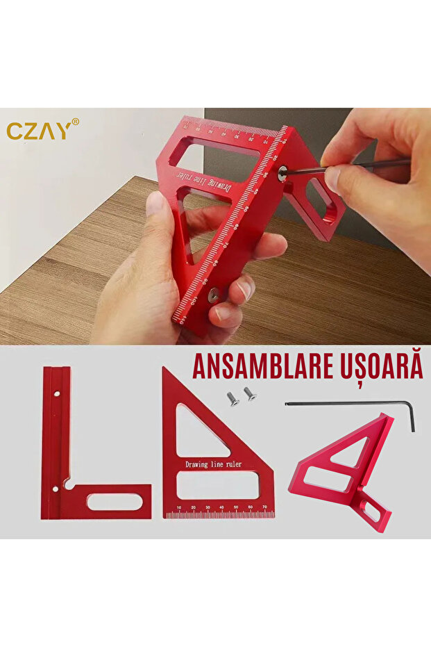 Vinclu, Square, Triangular metal ruler, 3D measuring tool 45/90, carpenter - 3
