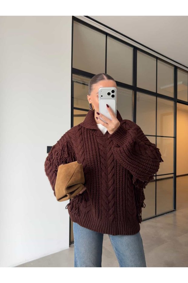 Brown Sweater with Fringed Hair Braid