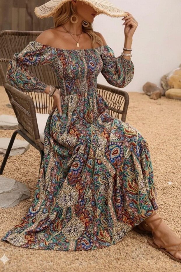 فستان سوبرم مطبوع بخصر منخفض وأربطة - مطبوع - 4