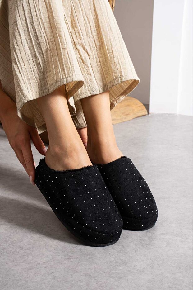 Women's Fur-Lined Stylish Stone-Embroidered Warm-Lined House Slippers Bohça Dowry Slippers Stc1177