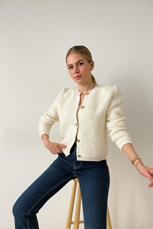 HRK0003 Women's Cream Soft-Textured Teddy Plush Gold Button Knit Cardigan