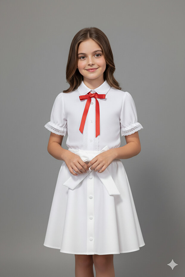 Girl's Red Bow Lace Embroidered White Shirt White Flared Skirt Performance Set October 29 April 23