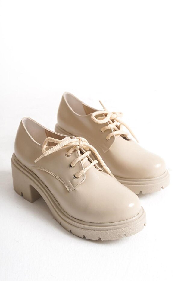 K-707 Bej Kırışık Rugan Yüksek Tabanlı Bağcıklı Loafer Ayakkabı - 4